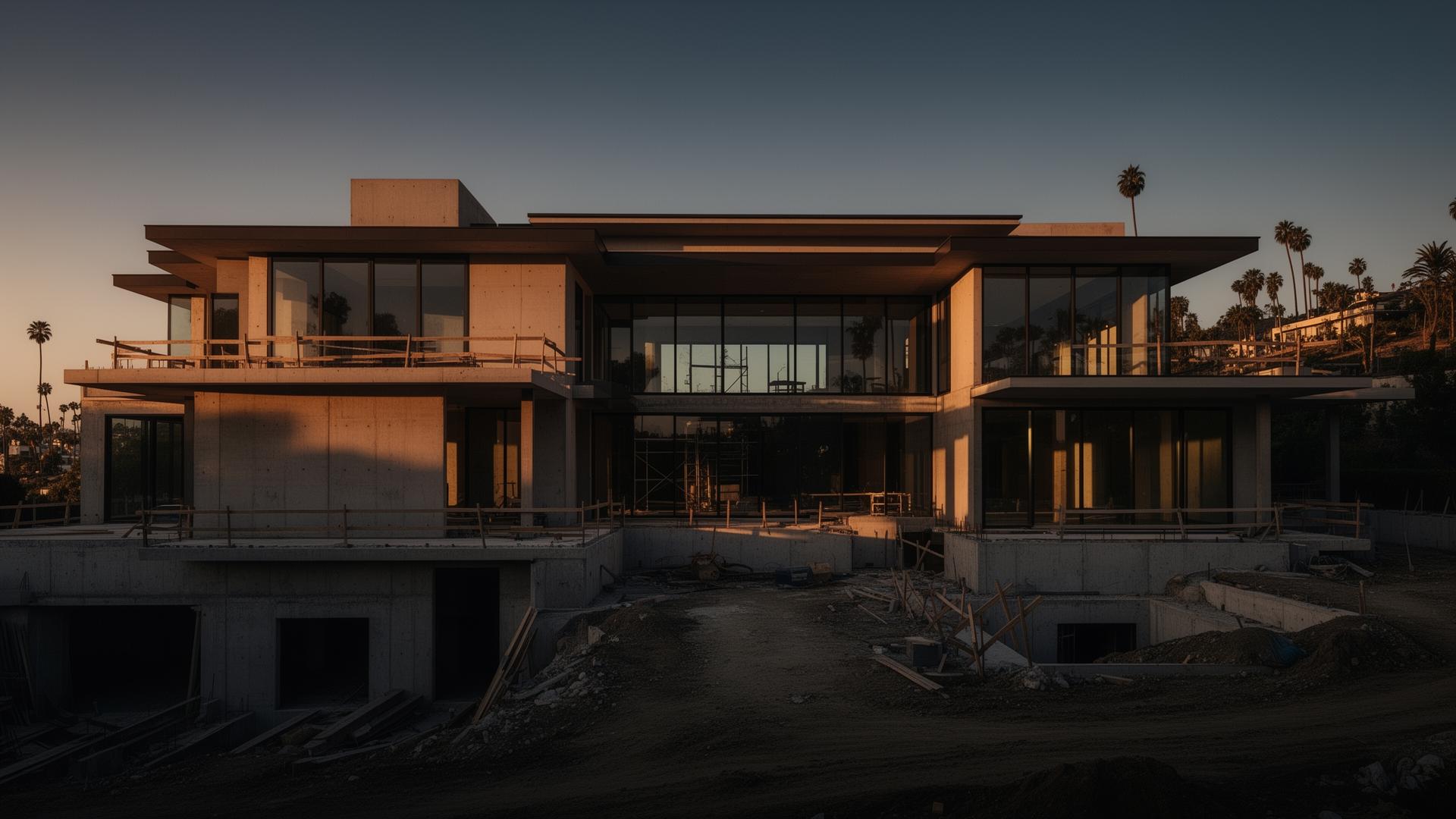 Luxury Beverly Hills residence under construction at dusk